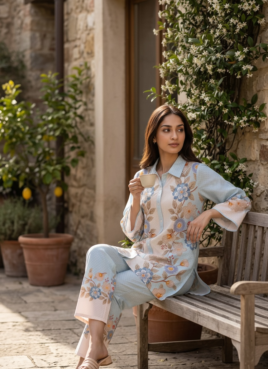 Pastel Blue Floral Printed Cord Set
