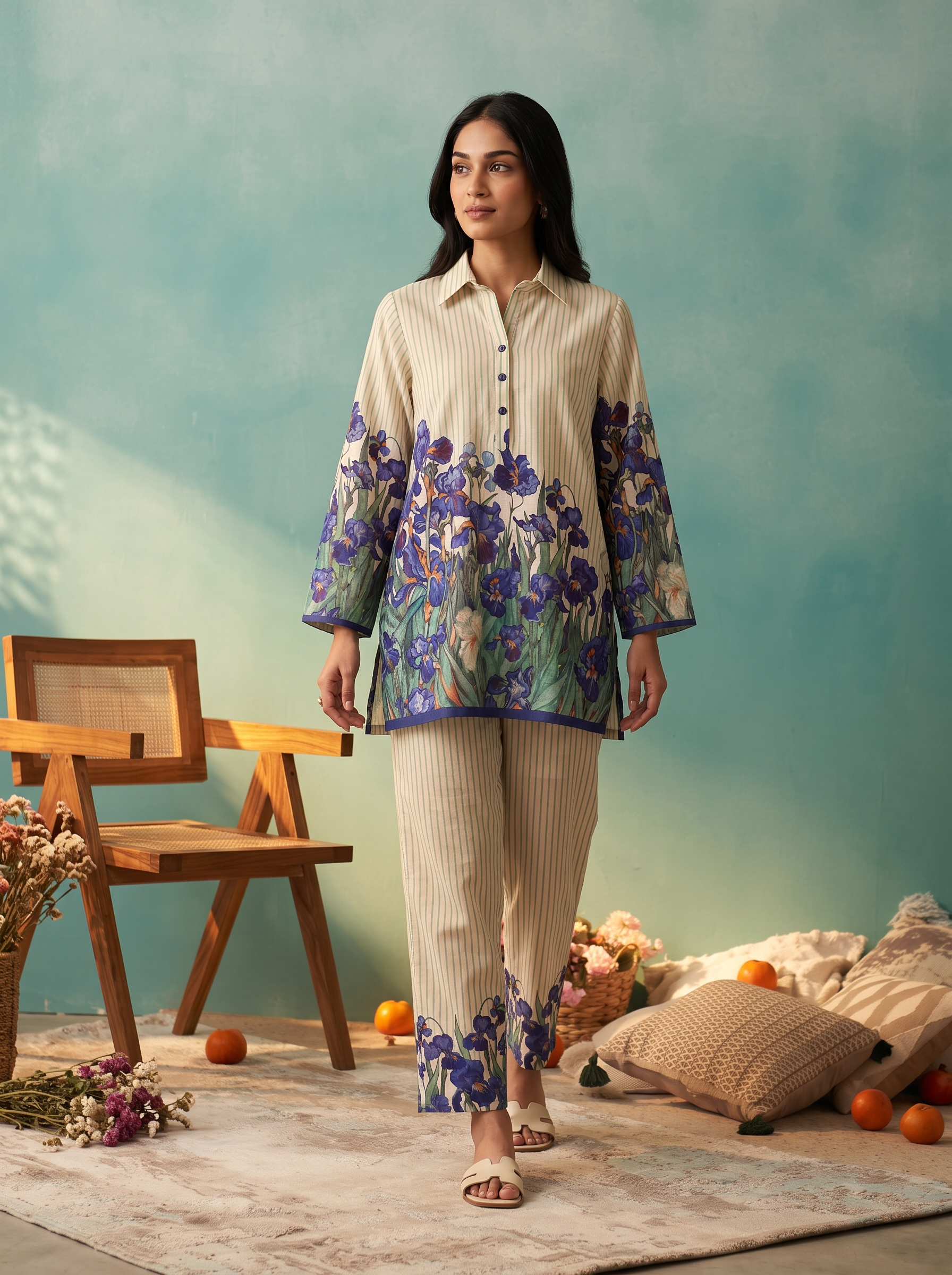 Blue Iris Bloom Printed Cord Set