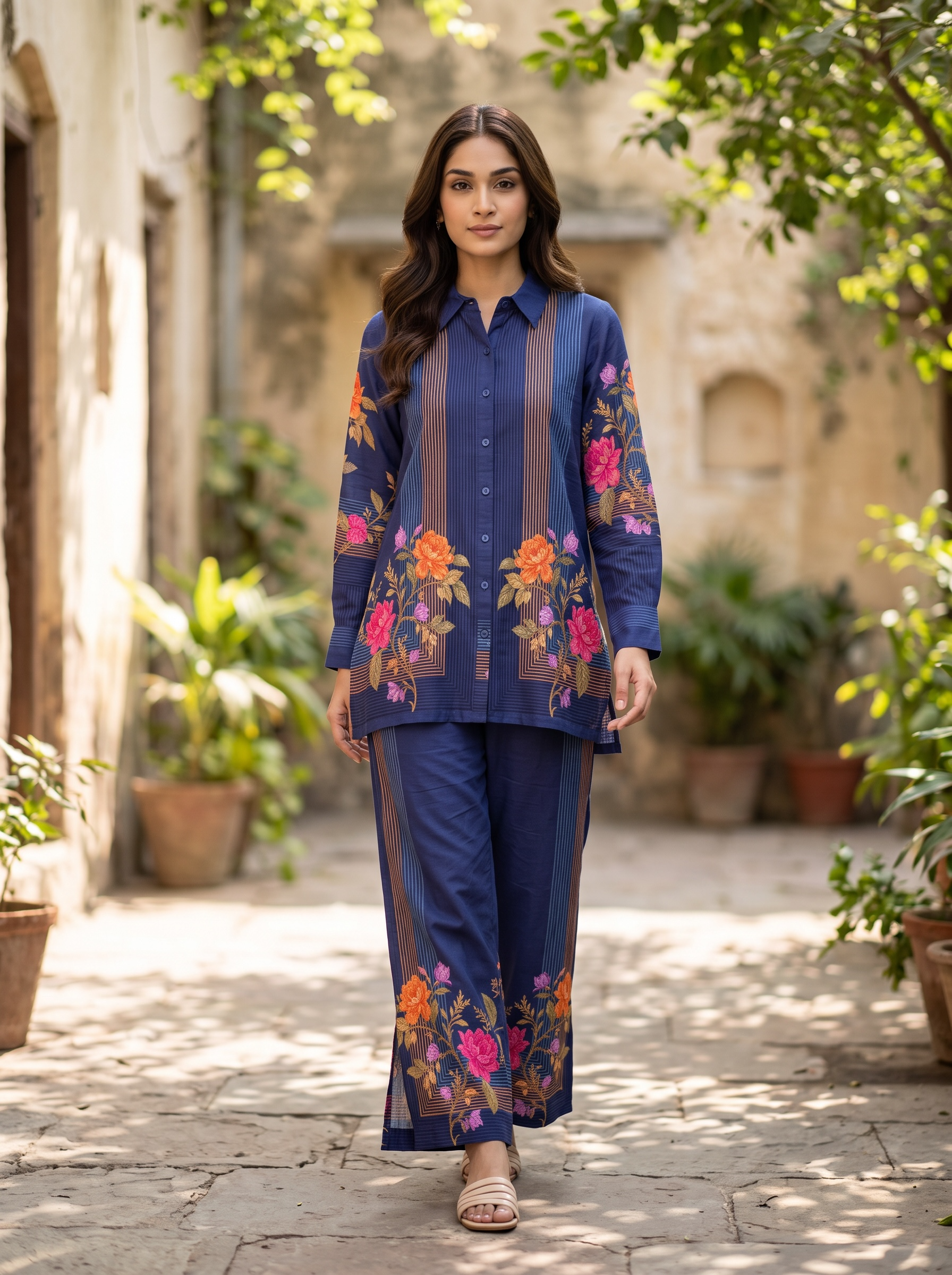 Navy Blue Floral Printed Cord Set