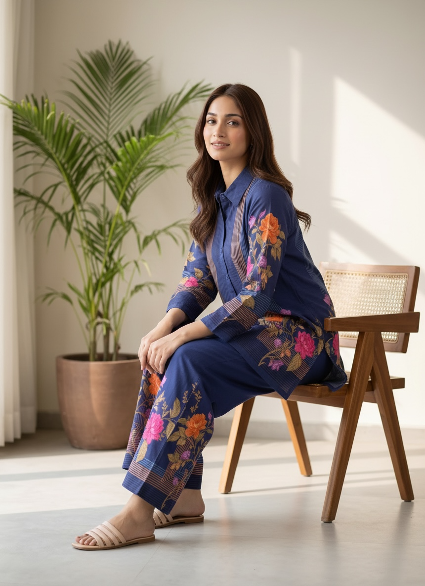 Navy Blue Floral Printed Cord Set
