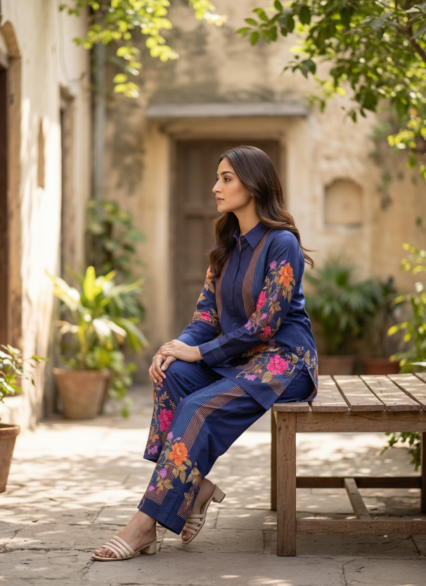 Navy Blue Floral Printed Cord Set