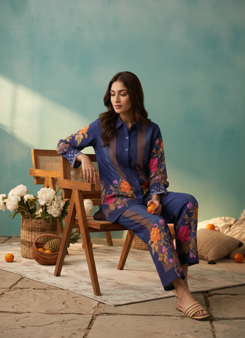 Navy Blue Floral Printed Cord Set