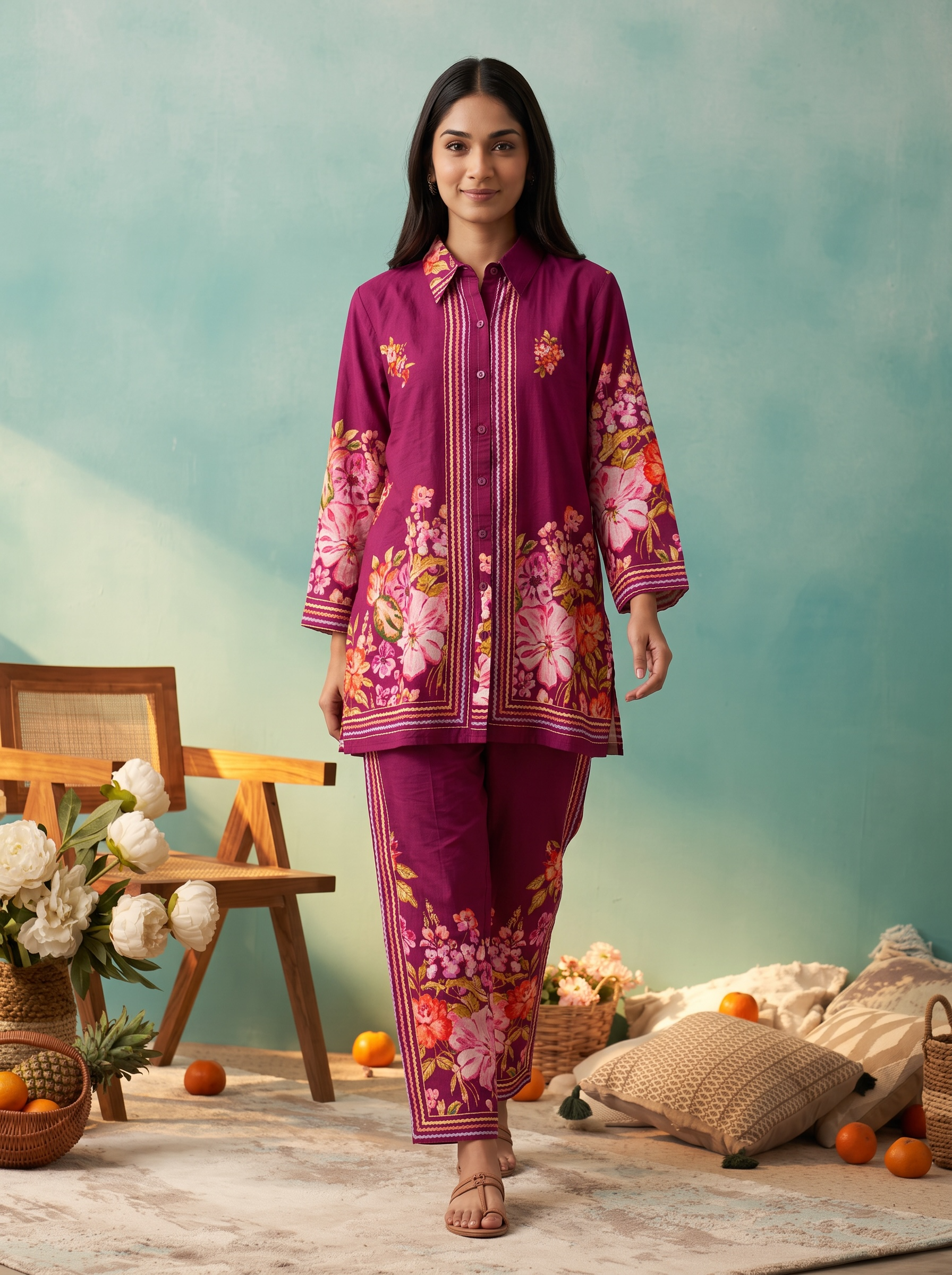 Plum Petals Floral Printed Cord Set