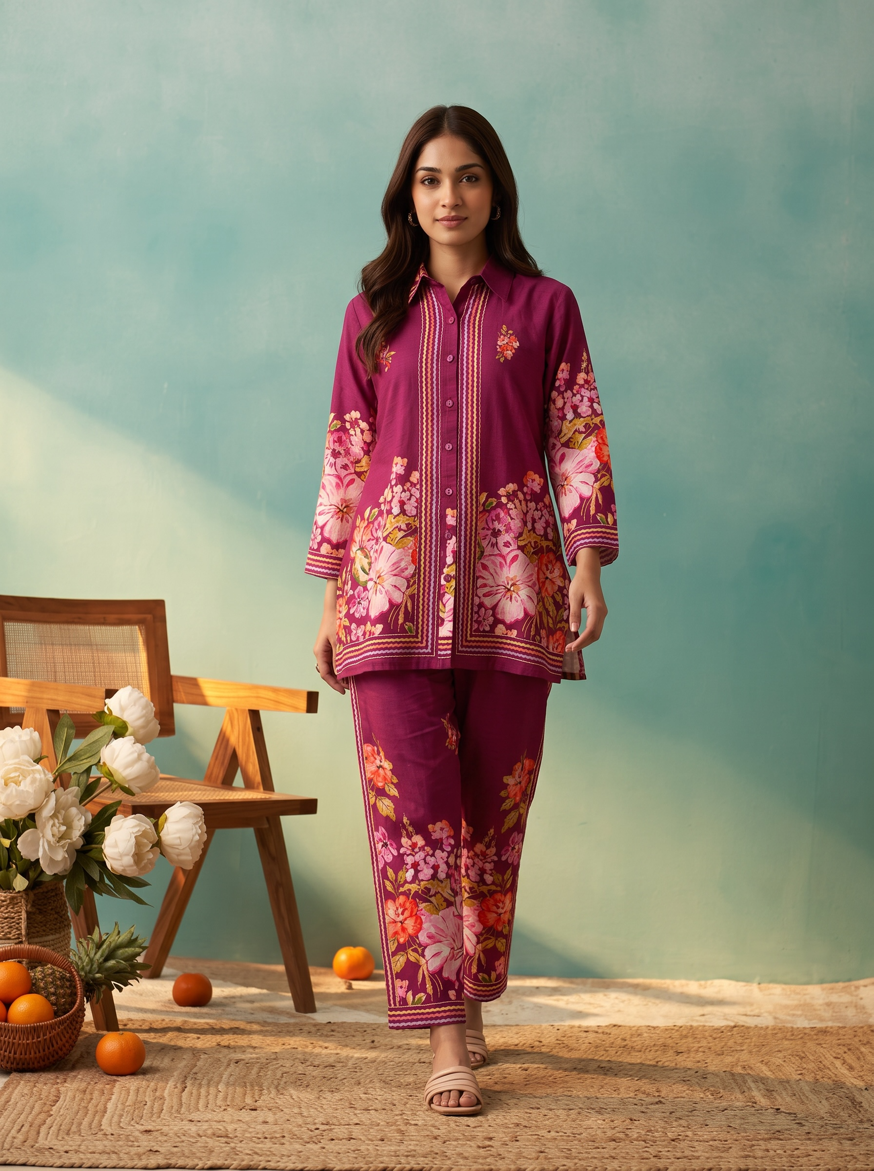 Plum Petals Floral Printed Cord Set