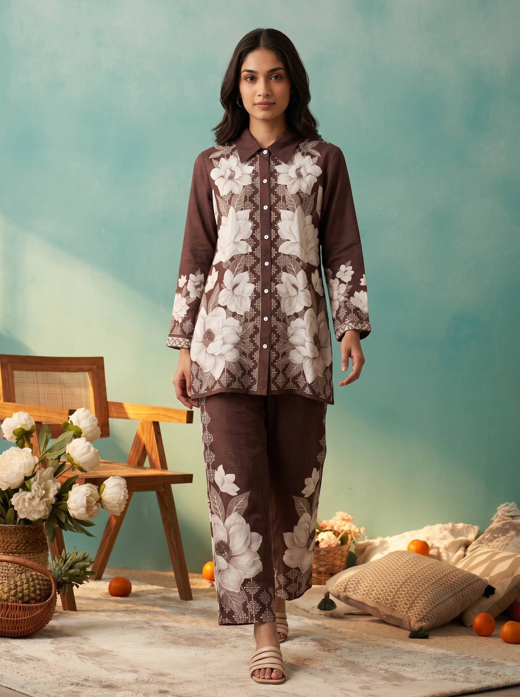 Mocha Magnolia Floral Printed Cord Set