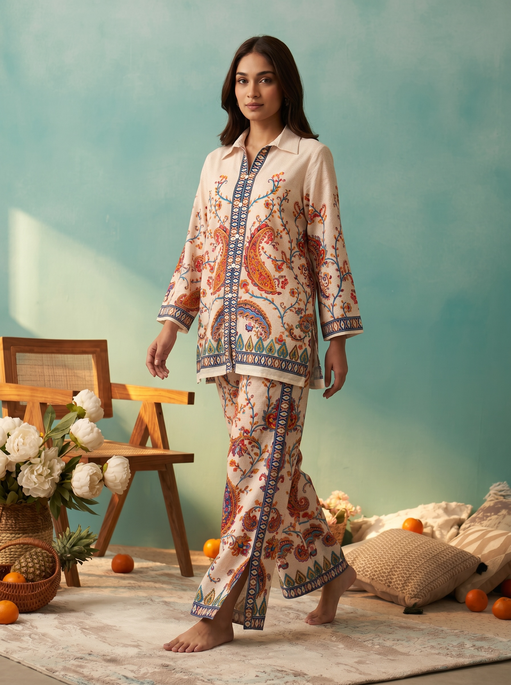 White Azure Vine Printed Cord Set