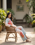 White & Sky Blue Lily Printed Cord Set
