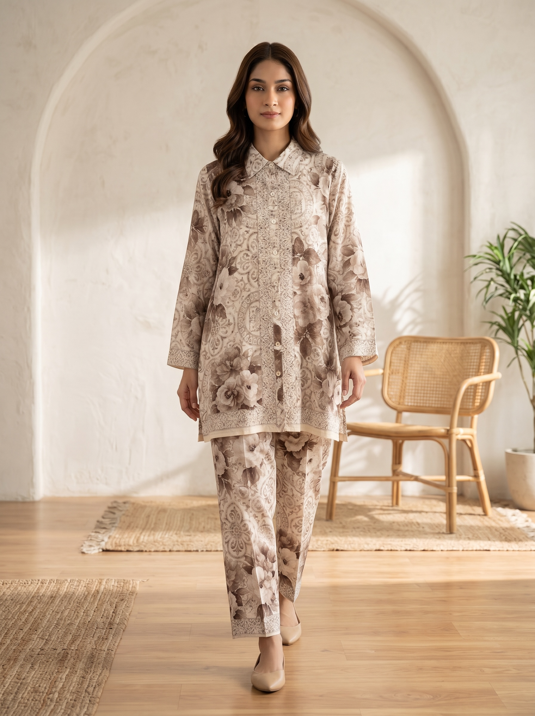 Brown Monochrome Floral Printed Cord Set