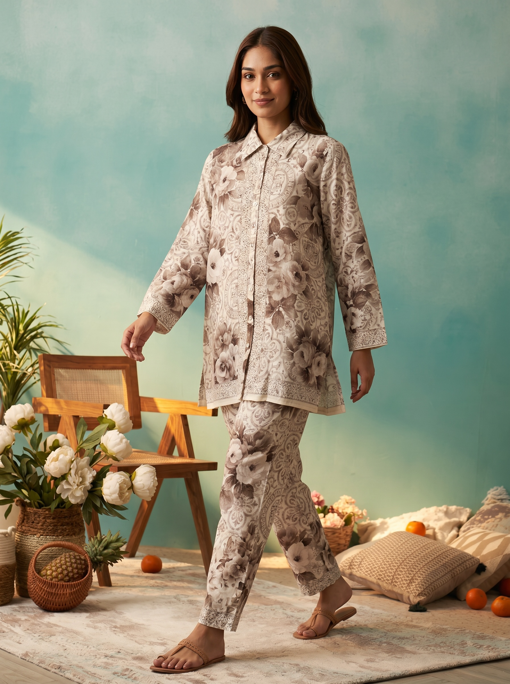 Brown Monochrome Floral Printed Cord Set