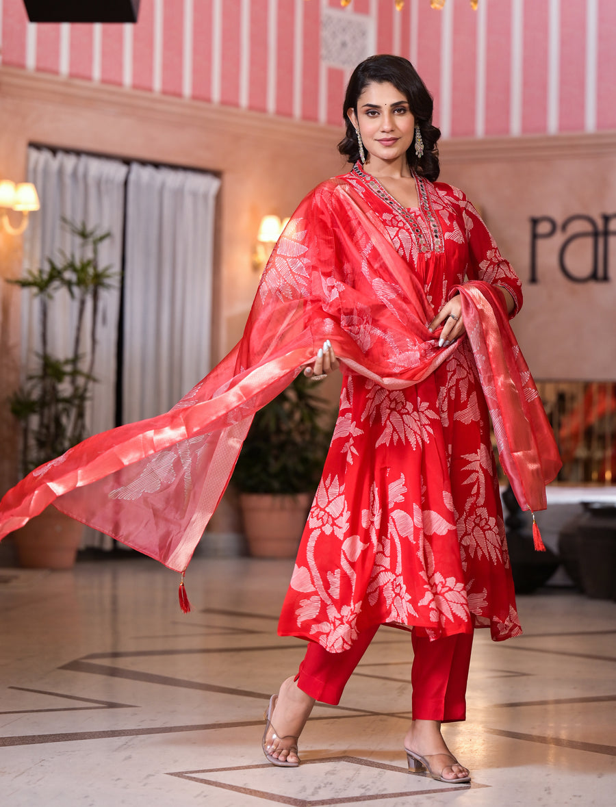 Red elegance floral suit set