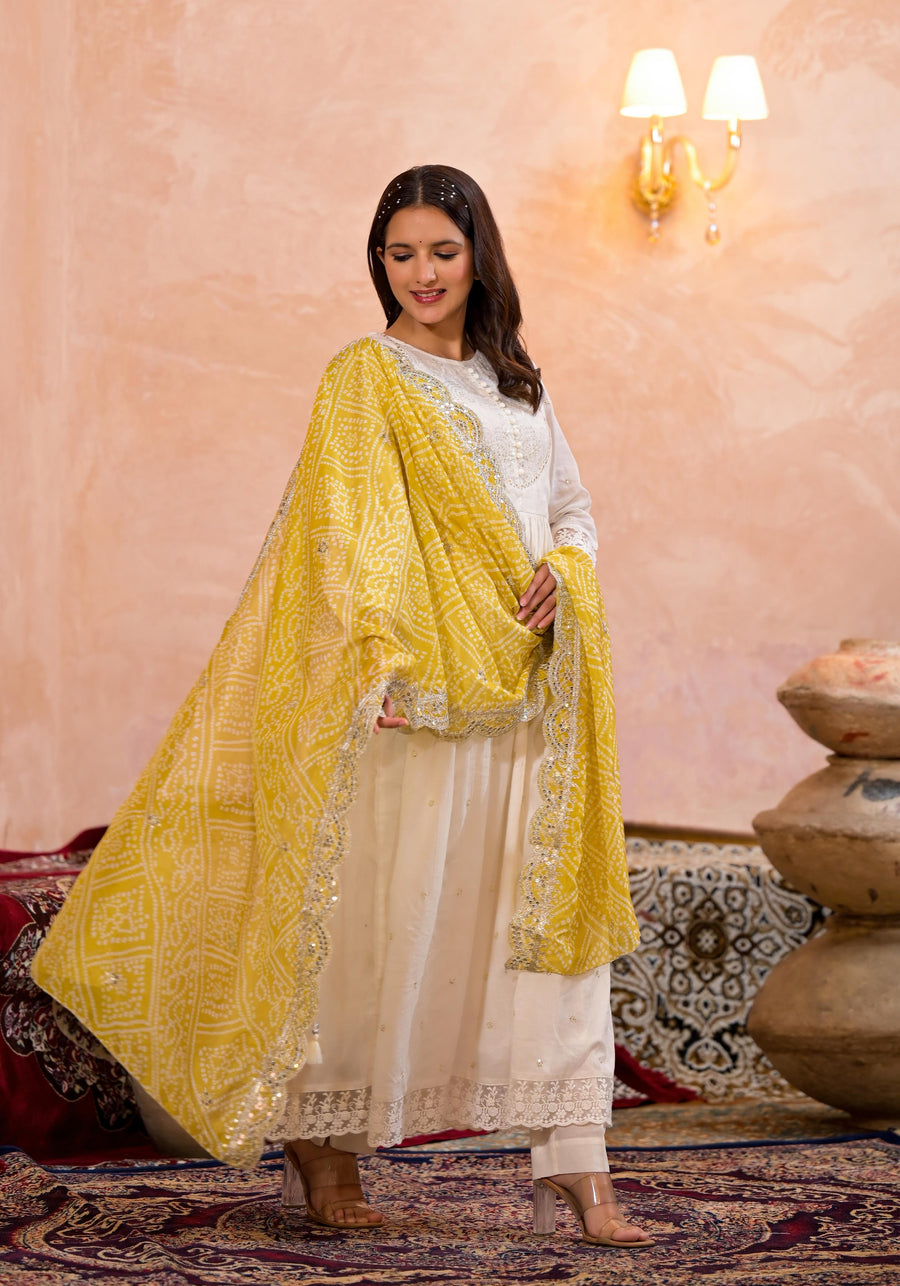 Pearl white bandhej suit set (Mustard)