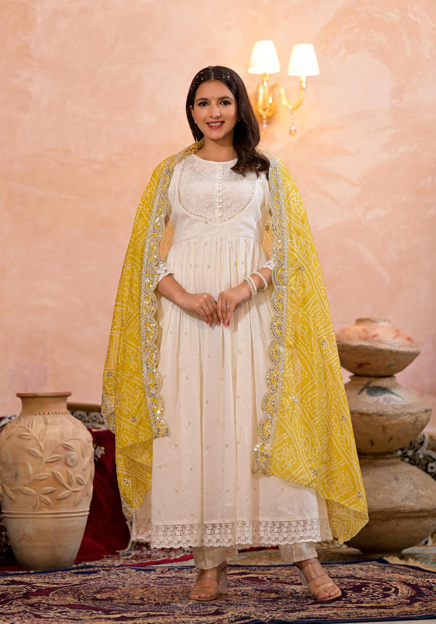 Pearl white bandhej suit set (Mustard)