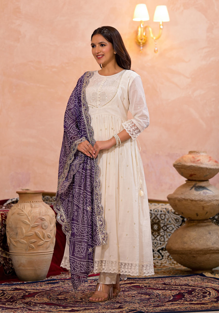 Pearl white bandhej suit set (purple)