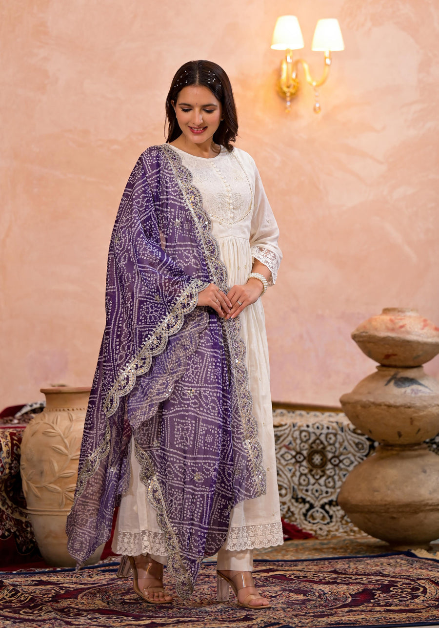 Pearl white bandhej suit set (purple)