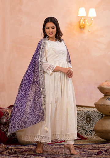 Pearl white bandhej suit set (purple)