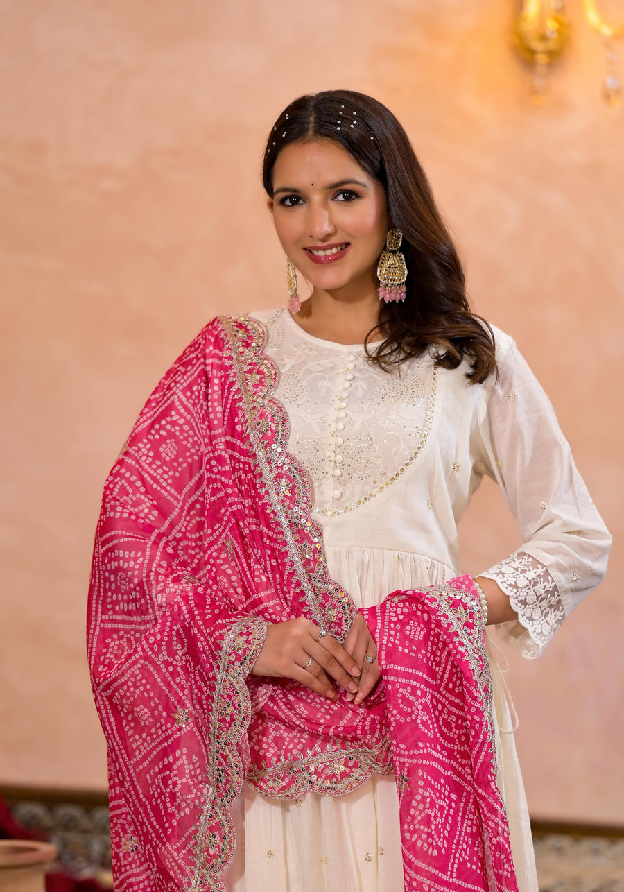 Pearl white bandhej suit set (pink)