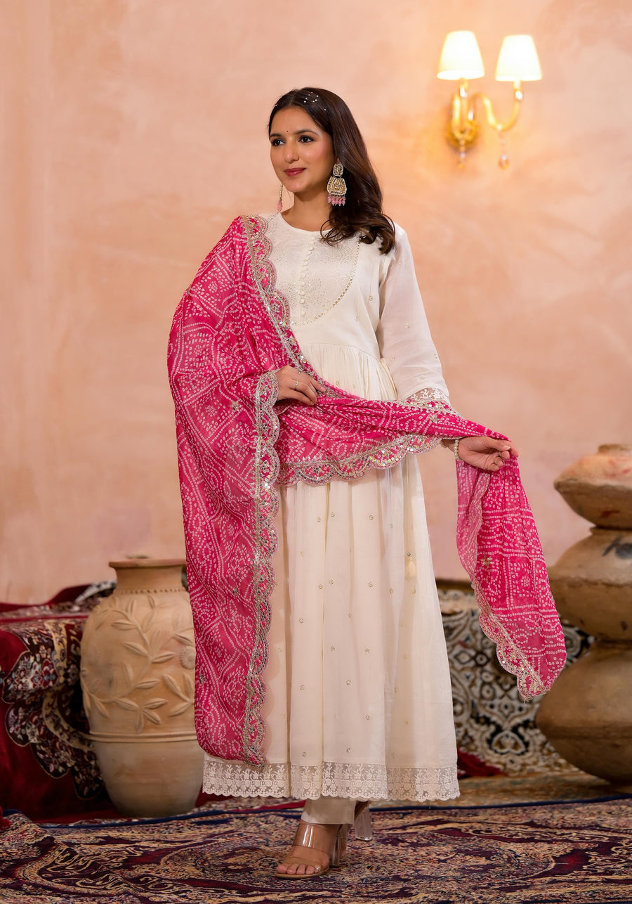 Pearl white bandhej suit set (pink)