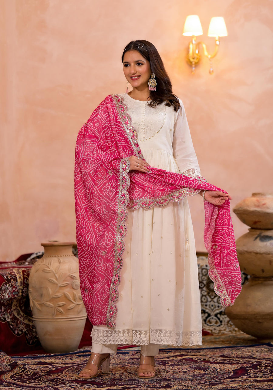 Pearl white bandhej suit set (pink)