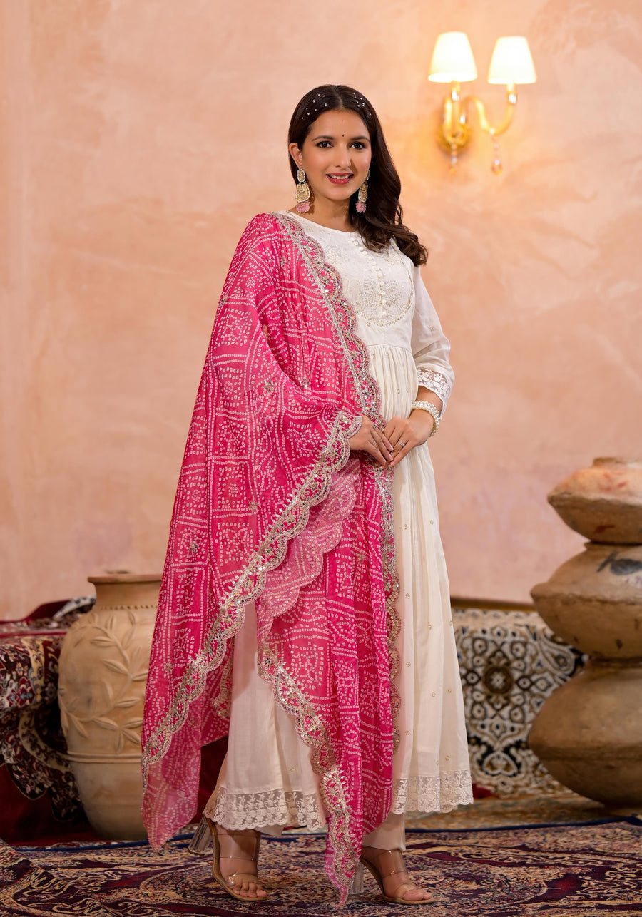 Pearl white bandhej suit set (pink)