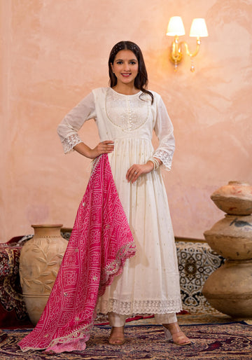 Pearl white bandhej suit set (pink)