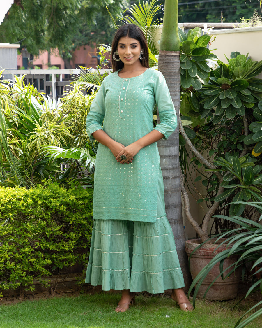 Pistachio green Embroidered kurta set