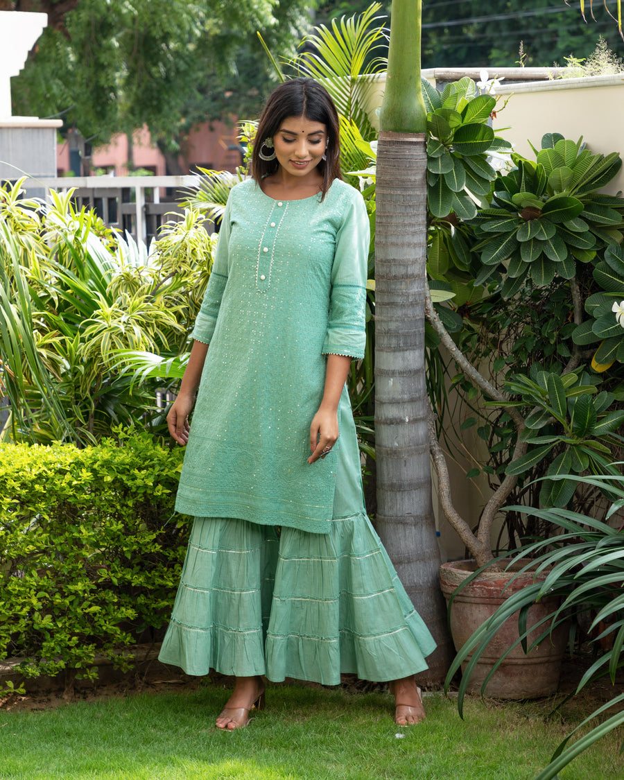 Pistachio green Embroidered kurta set