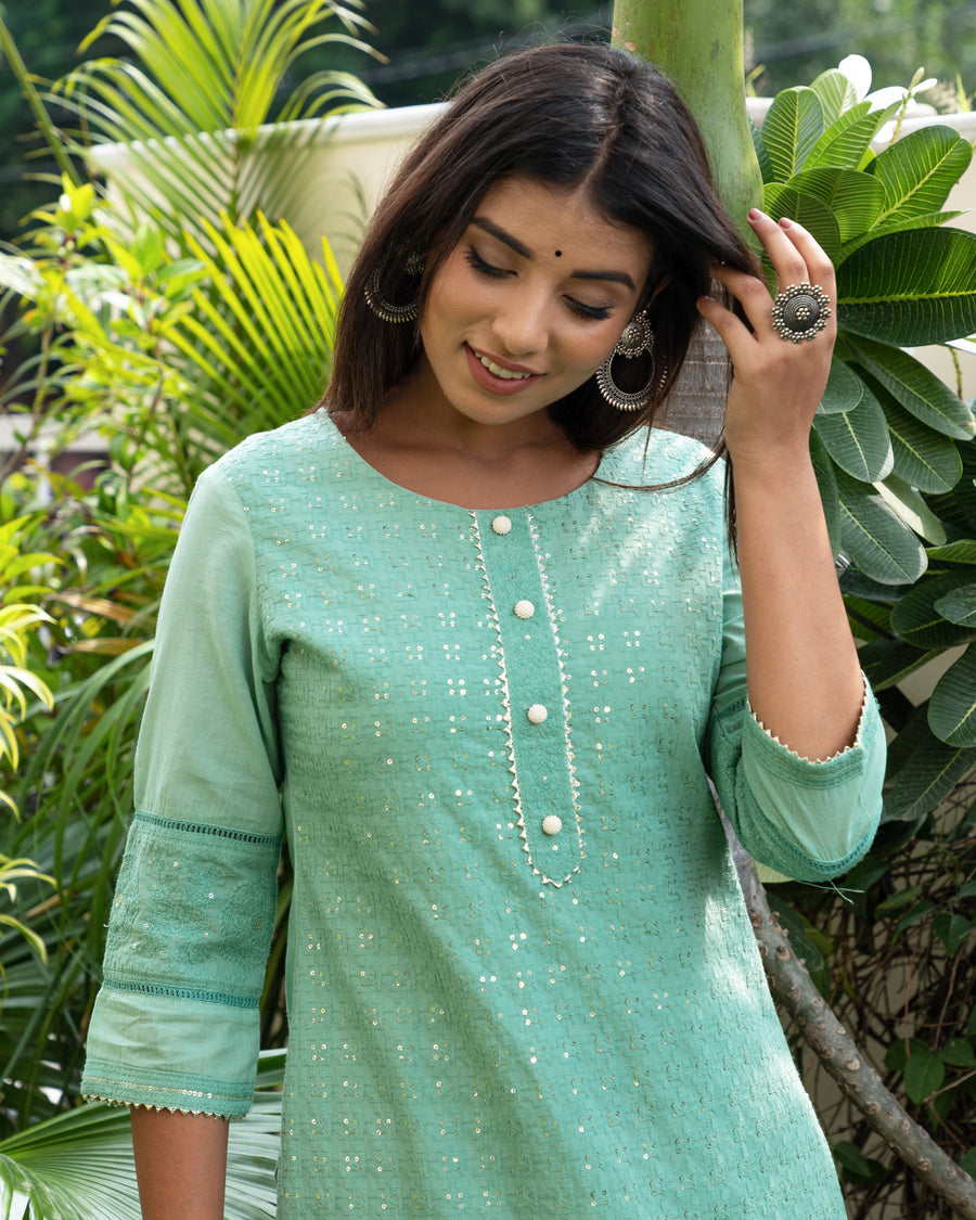 Pistachio green Embroidered kurta set