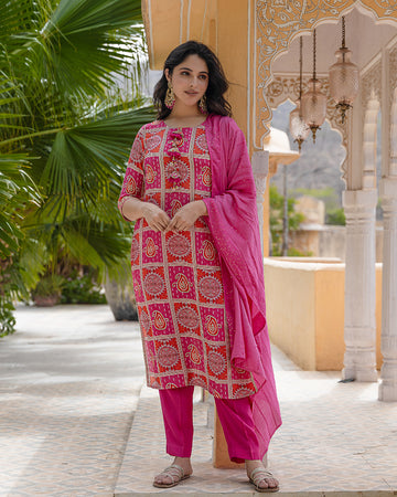 Pink leafy muslin suit set