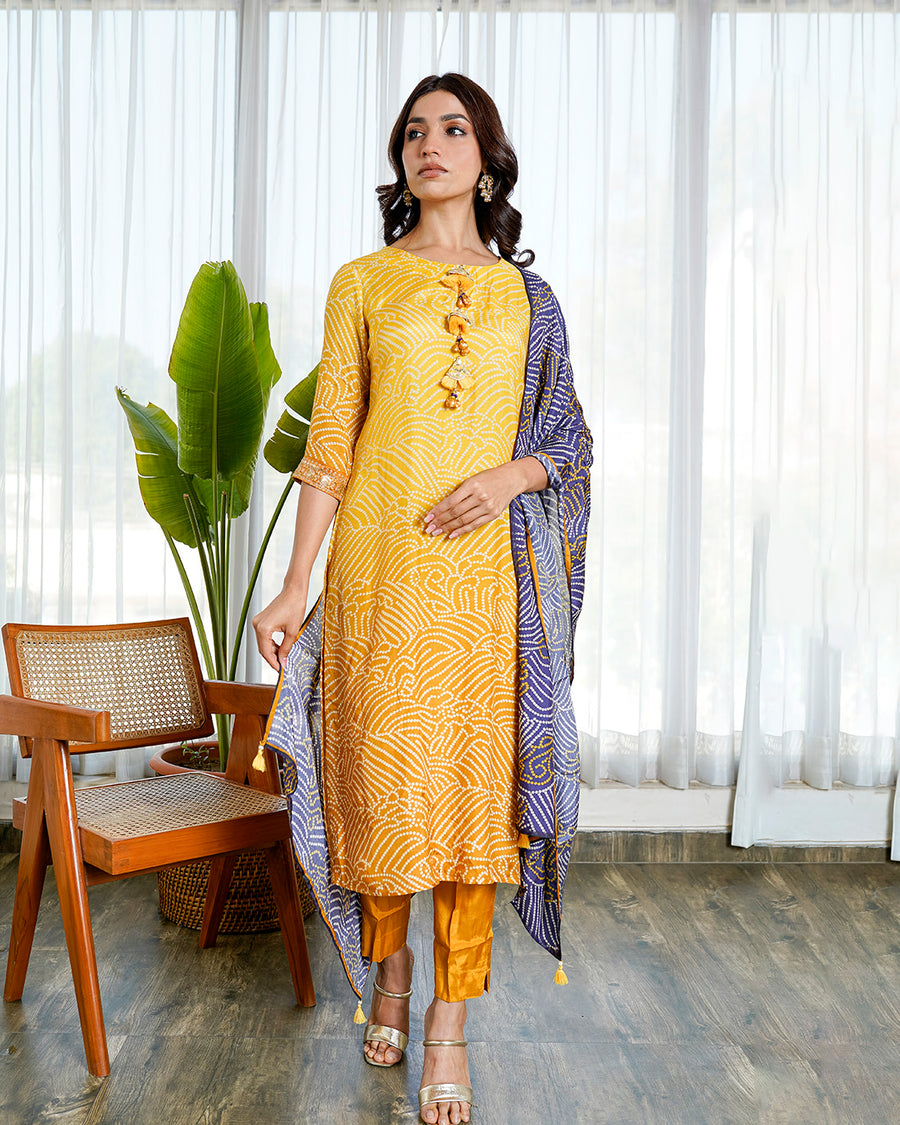 Mustard bandhej sheeny suit set