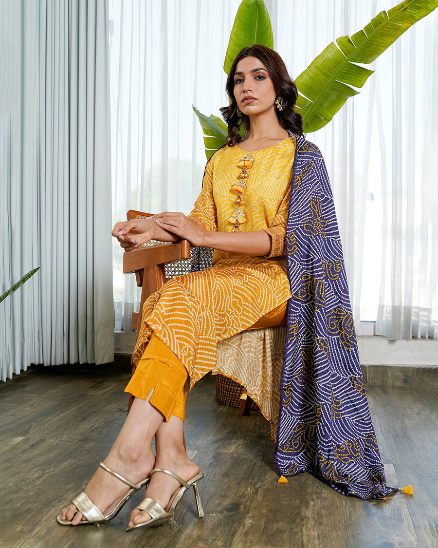 Mustard bandhej sheeny suit set