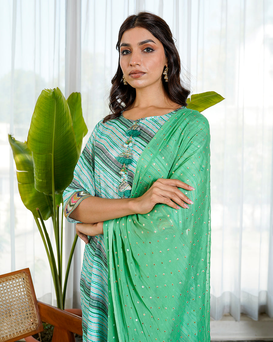 Green lehariya muslin suit set