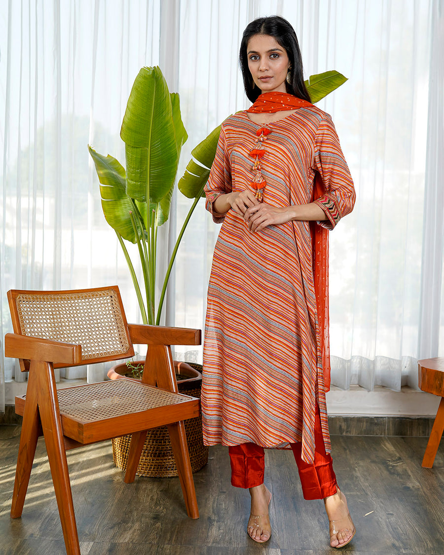 Orange lehariya muslin suit set