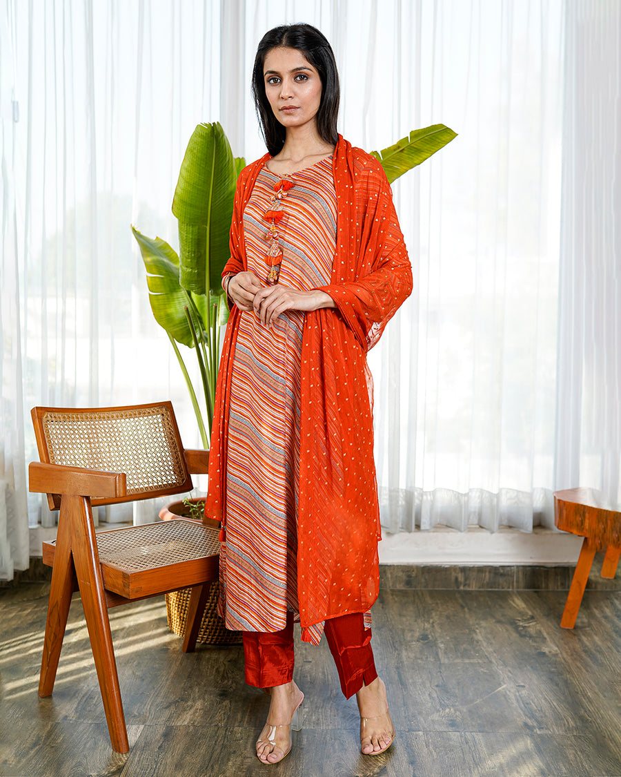 Orange lehariya muslin suit set