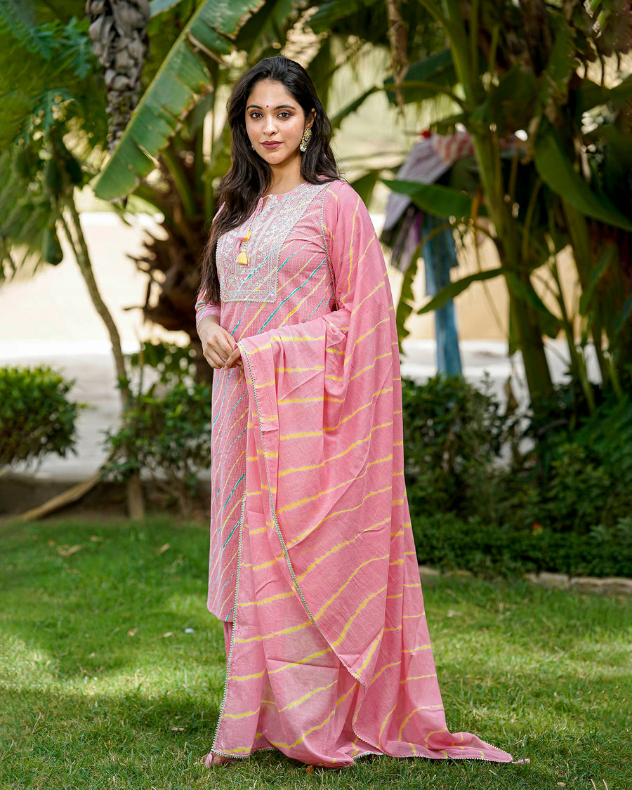 Onion pink lehariya suit set