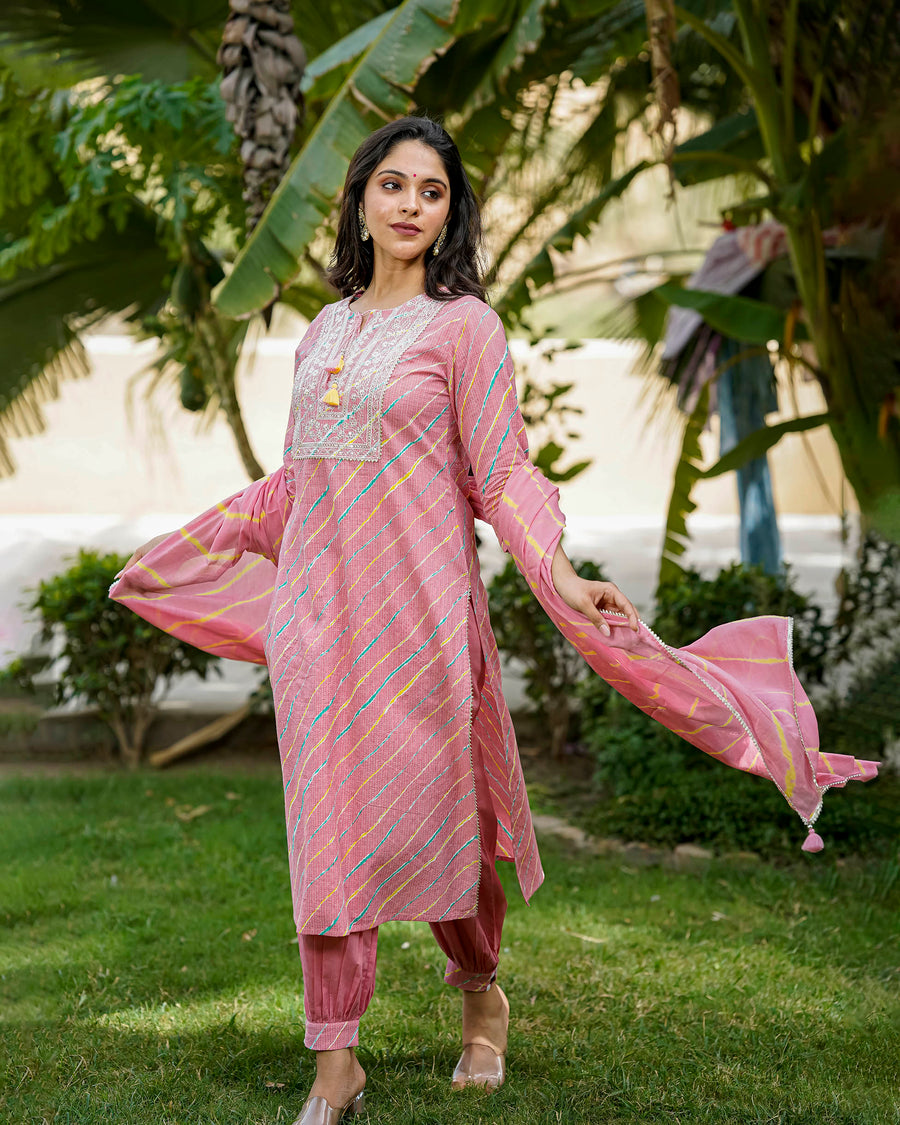 Onion pink lehariya suit set